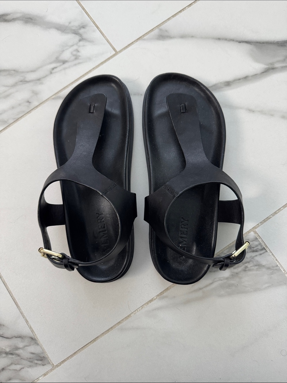 Women's Black Leather Thong Sandals with Ankle Strap